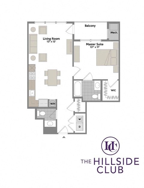 Floor plan for 1 bed, 1.5 baths, 791 sqft